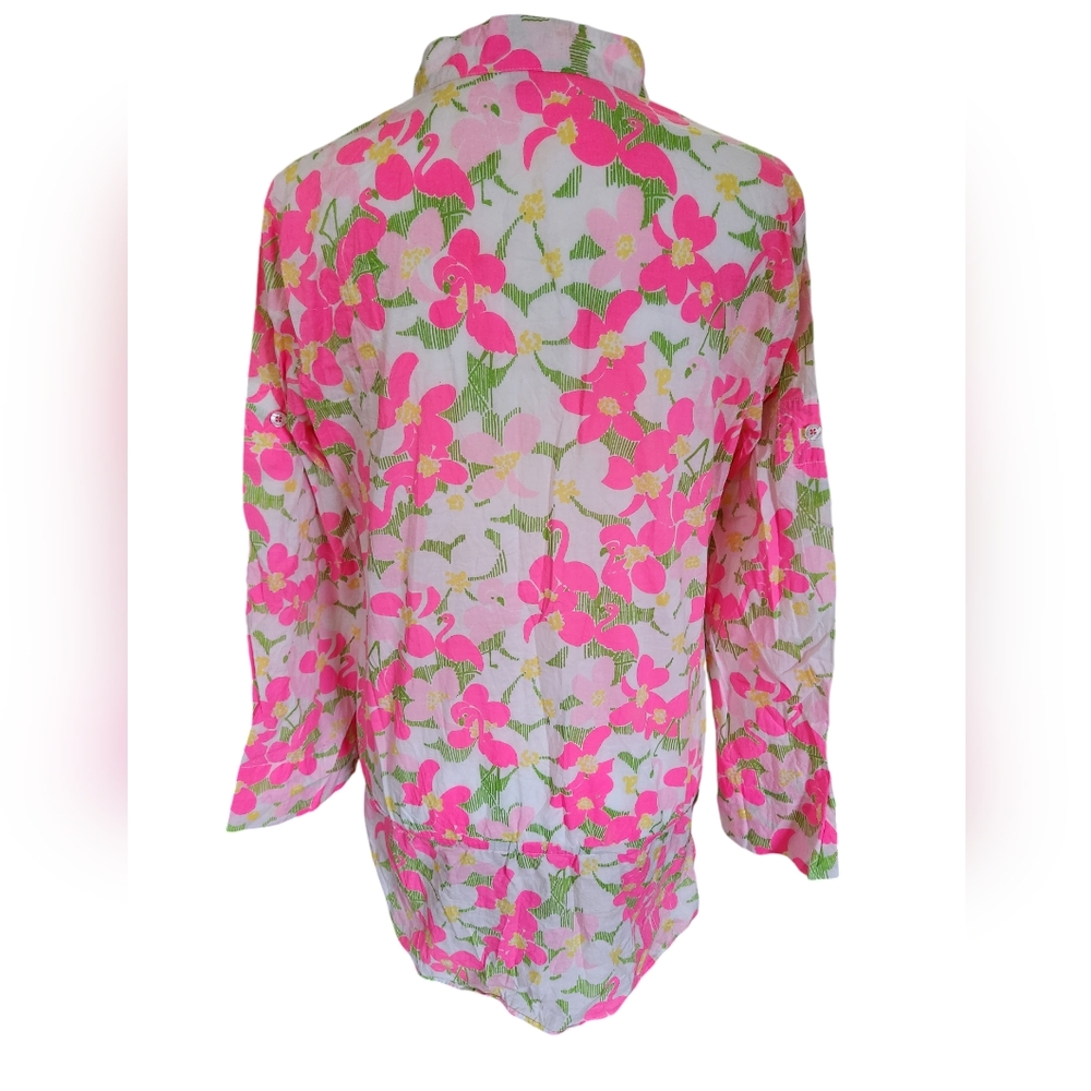 Lilly Pulitzer Floral Flamingo Roll Tab Sleeve Tunic Size 2 - Picture 2 of 10